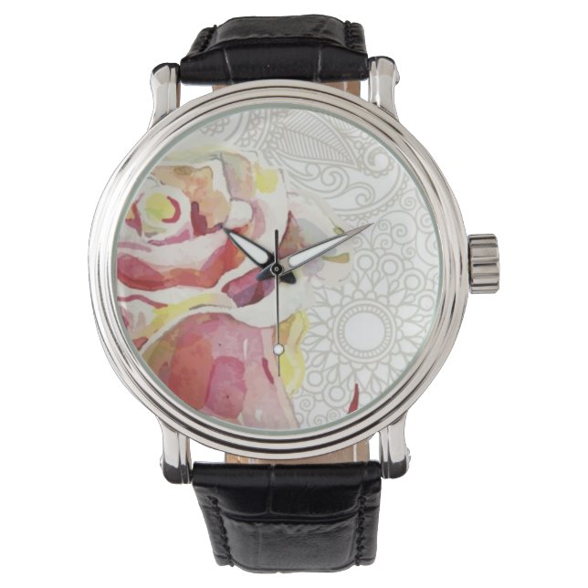 Verziertes Blumenmuster mit rosa Aquarellfarbe Ros Armbanduhr (Vorderseite)