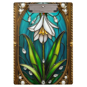 Verziertes Buntglasfenster mit weißer Blume Klemmbrett