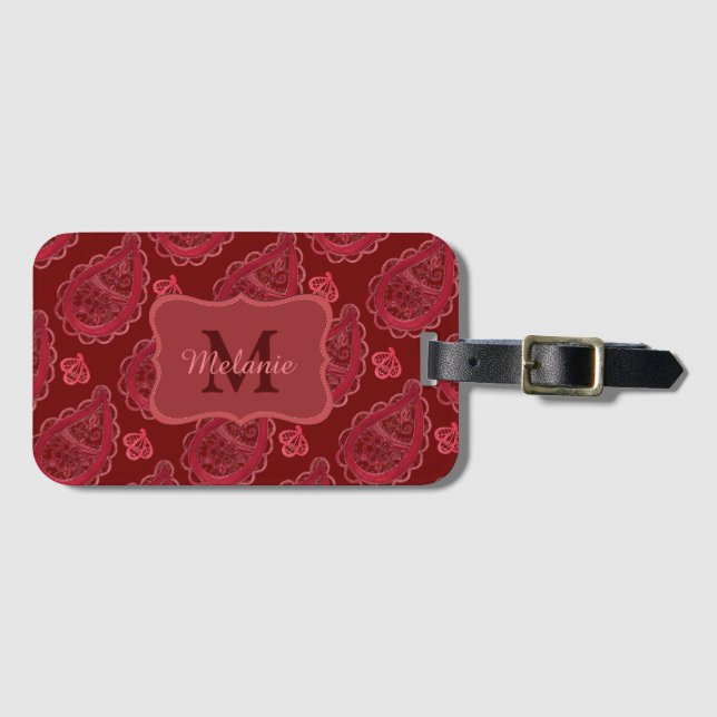 Verziertes Burgund-Paisley-Muster Gepäckanhänger (Vorderseite (Horizontal))