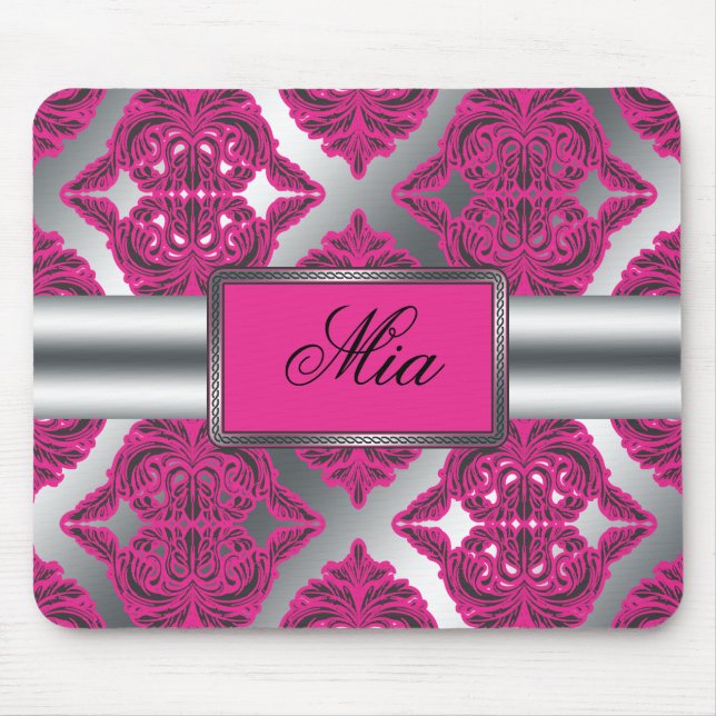 Verziertes Damast-Rosa, Schwarzes, Silber Mousepad (Vorne)