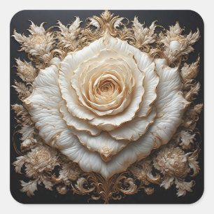 Verziertes Elfenbein-Blumendesign mit weißer Rose Quadratischer Aufkleber