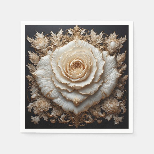 Verziertes Elfenbeinblumendesign mit weißer Rose Serviette (Vorderseite)