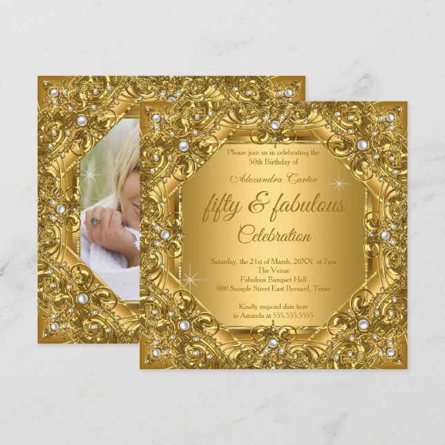 Verziertes fabelhaftes 50. Foto Gold auf Gold Part Einladung (Vorne/Hinten)