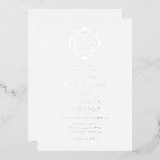 Verziertes Floral Monogram Wedding Elegant Folieneinladung (Vorderseite/Rückseite)