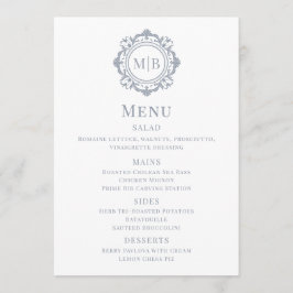 Verziertes Floral Monogram Wedding Menu Silver Menükarte