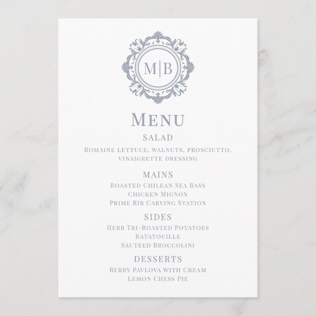 Verziertes Floral Monogram Wedding Menu Silver Menükarte (Vorderseite)