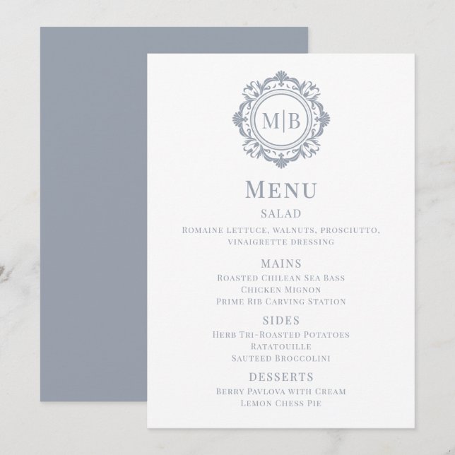 Verziertes Floral Monogram Wedding Menu Silver Menükarte (Vorne/Hinten)