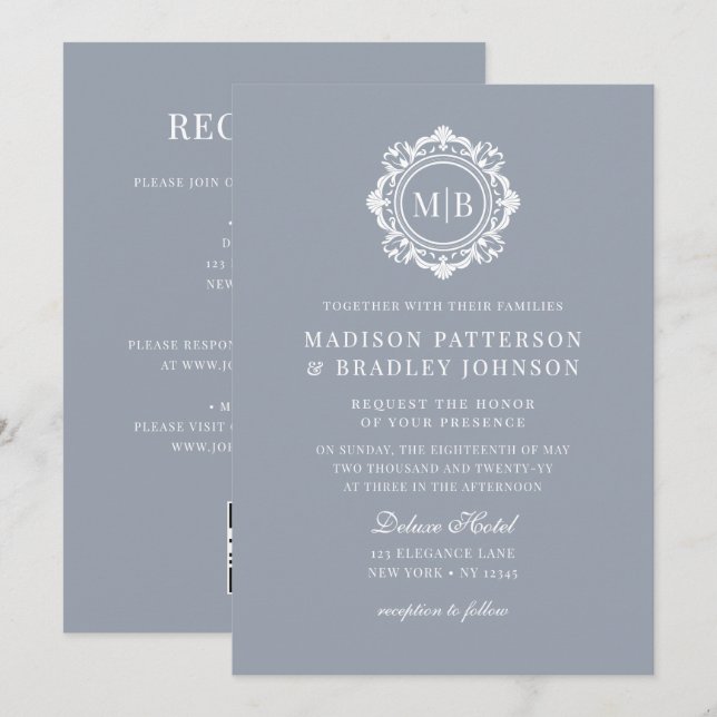 Verziertes florales Monogramm Hochzeit Elegantes S Einladung (Vorne/Hinten)