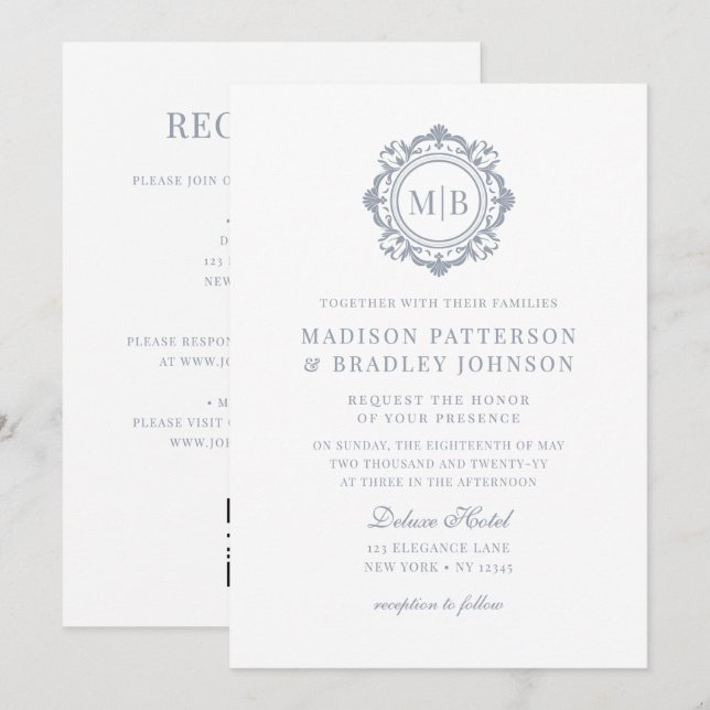 Verziertes florales Monogramm Hochzeit Elegantes S Einladung (Vorne/Hinten)