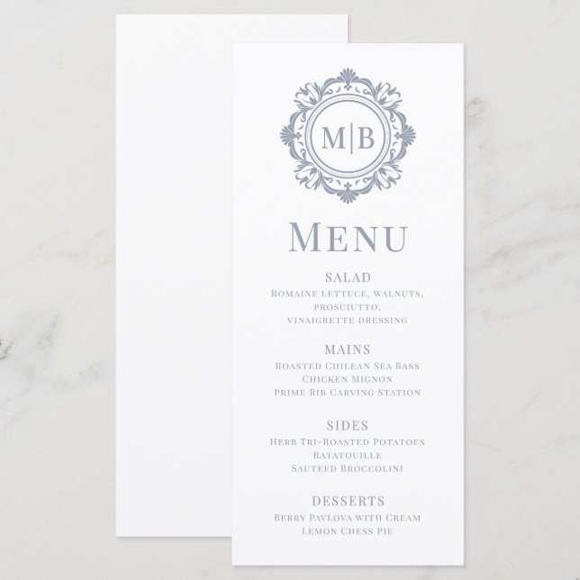 Verziertes florales Monogramm Hochzeit Elegantes S Menükarte (Vorne/Hinten)