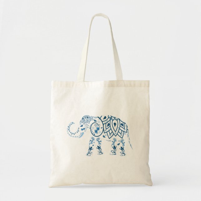 Verziertes gemustertes blaues Elefant Tragetasche (Vorne)