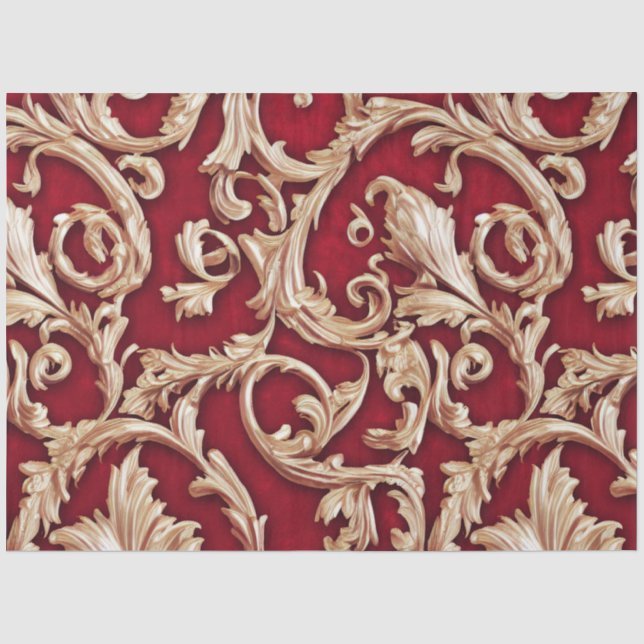 Verziertes Gold Barock Floral Damask Rotes Velvet Seidenpapier (Vorderseite)