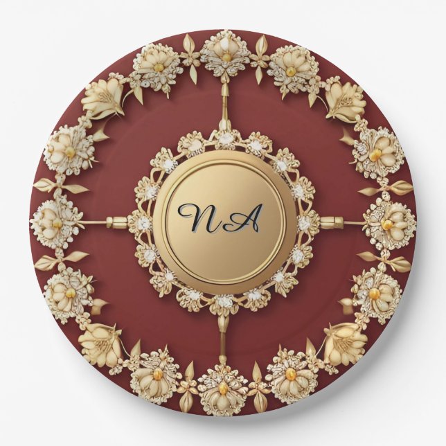 Verziertes Gold-Blumendesign Pappteller (Vorderseite)