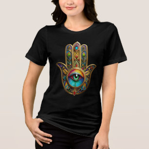 Verziertes Gold Farbenfrohes Hamsa Grün auf Rotem  Tri-Blend Shirt