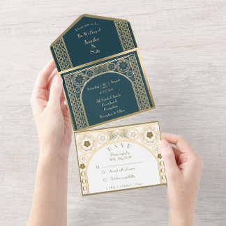 Verziertes Gold - Hochzeitseinladung All In One Einladung