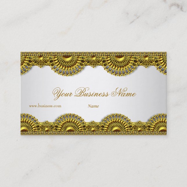 Verziertes Gold Spitzen Weiß Elegant Klasse Visitenkarte (Vorderseite)