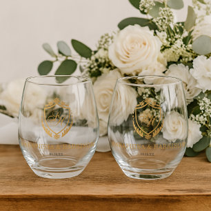 Verziertes Gold Wappen Monogramm Hochzeit Weinglas Ohne Stiel