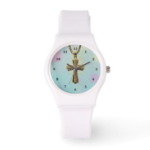 Verziertes Goldkreuz und -kette Armbanduhr