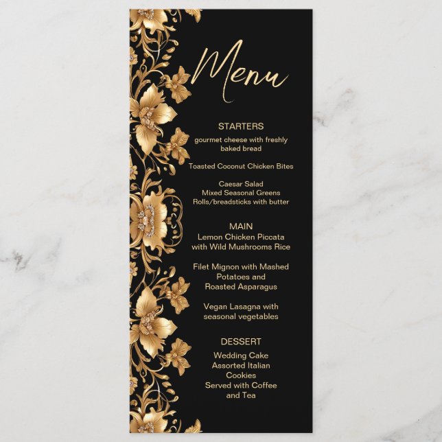 Verziertes Hochzeitsmenü der Goldblume Menükarte (Vorderseite)