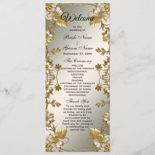 Verziertes Hochzeitsprogramm für White Floral Gold Programm (Vorderseite)