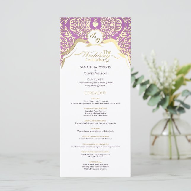 Verziertes Hochzeitsprogramm in Rosa und Gold Programm (Stehend Vorderseite)