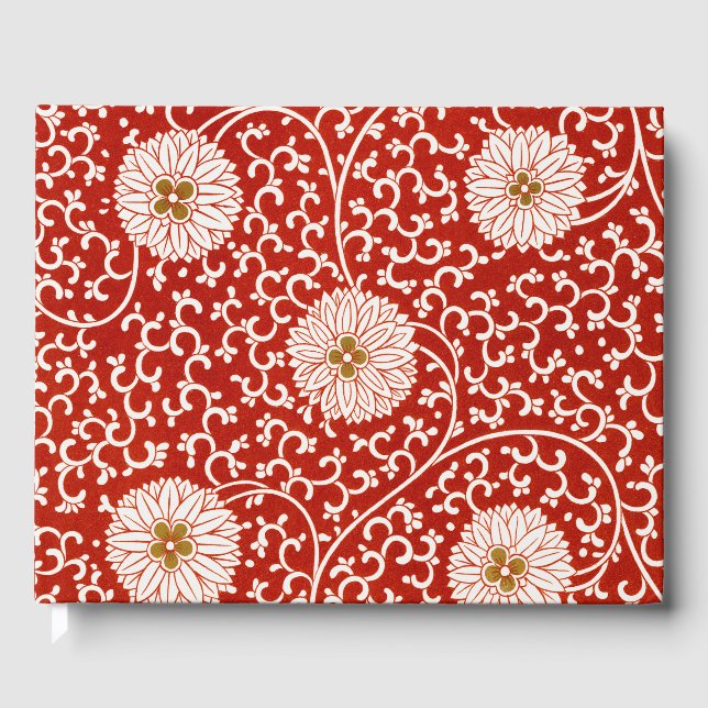 Verziertes klassisches Muster mit roter Blume Gästebuch (Vorderseite)
