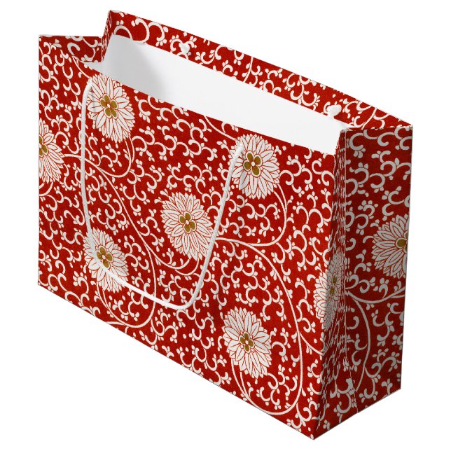 Verziertes klassisches Muster mit roter Blume Große Geschenktüte (Vorderseite Schrägansicht)