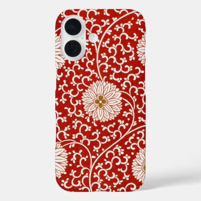Verziertes klassisches Muster mit roter Blume iPhone 16 Hülle (Rückseite)