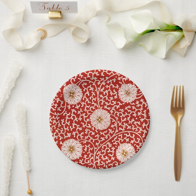 Verziertes klassisches Muster mit roter Blume Pappteller (Hochzeit)