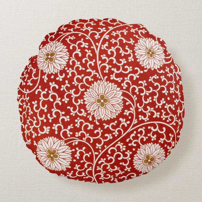 Verziertes klassisches Muster mit roter Blume Rundes Kissen (Vorderseite)