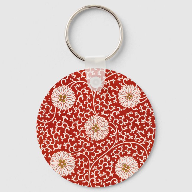 Verziertes klassisches Muster mit roter Blume Schlüsselanhänger (Vorderseite)