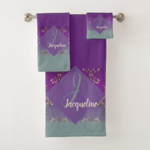 Verziertes Lila Aquamarines Monogramm Handtuch Badhandtuch Set