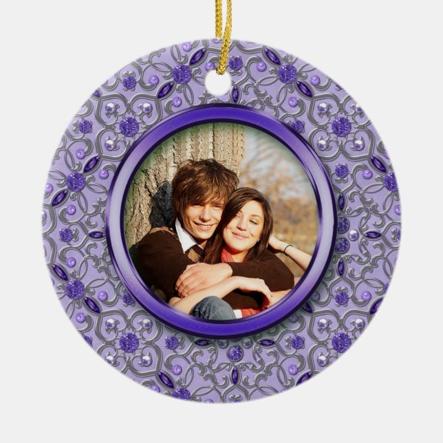 Verziertes Lila Tanzanite Silver Foto Christmas Keramik Ornament (Vorne)