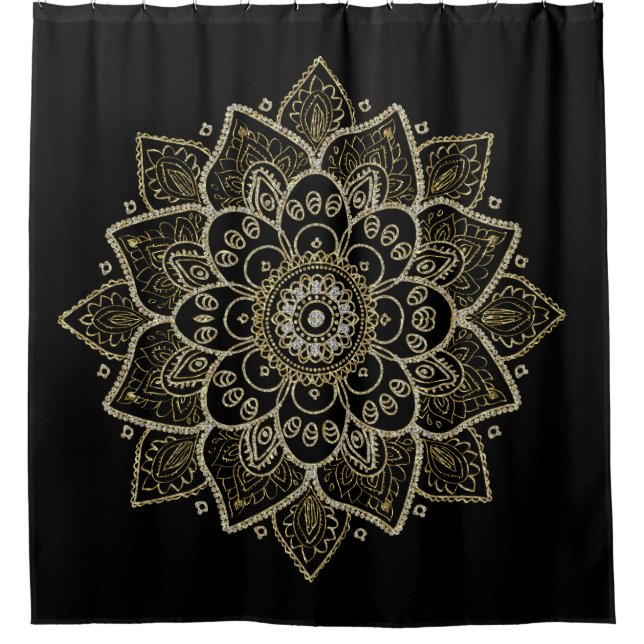 Verziertes Mandala in Gold & Diamanten Glitzer Tex Duschvorhang (Vorderseite)