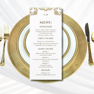 Verziertes Mongram Barock-Hochzeitmenü Menükarte
