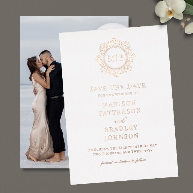 Verziertes Monogramm-Foto mit der Blume speichern  Folieneinladung (Von Creator hochgeladen)