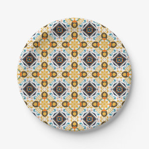 Verziertes Muster mit gelben und blauen geometrisc Pappteller