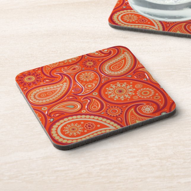 Verziertes oranges Paisley-Muster Getränkeuntersetzer (Linke Seite)