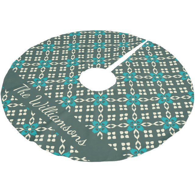 Verziertes Retro Muster Emerald Green Personalisie Polyester Weihnachtsbaumdecke (Schrägansicht)