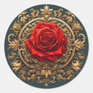 Verziertes Rot-Roségold Barock-Rosen-Emblem Runder Aufkleber