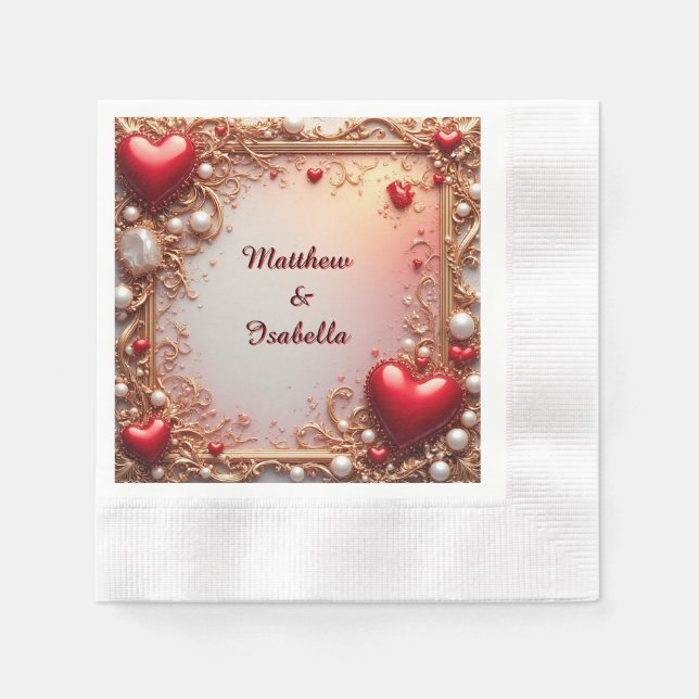 Verziertes Rotes Herz mit Gold und Perlen Serviette (Vorderseite)