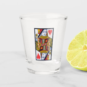 Verziertes Rotes Herz Queen Spielkarte farbig Schnapsglas