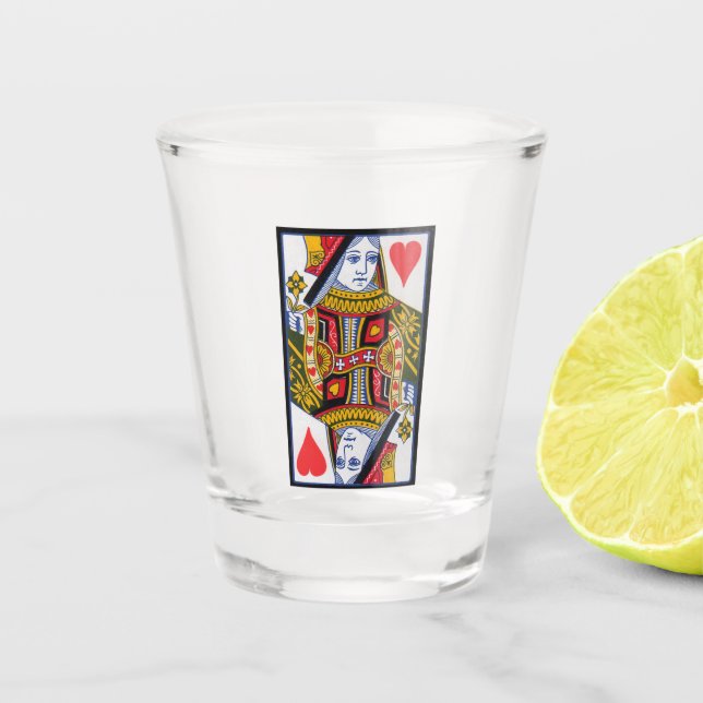 Verziertes Rotes Herz Queen Spielkarte farbig Schnapsglas (Vorderseite)