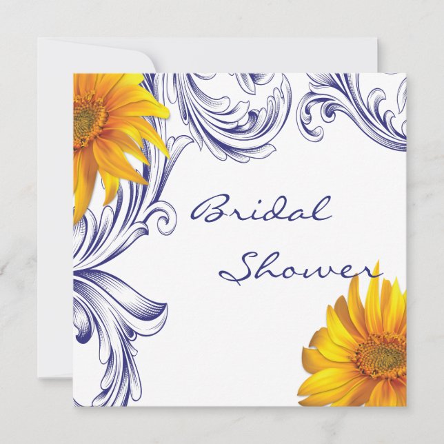 Verziertes Royal Blue Yellow Sonnenblumen Brautpar Einladung (Vorderseite)