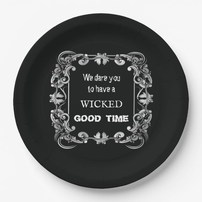 Verziertes Schwarzes Halloween Pappteller (Vorderseite)