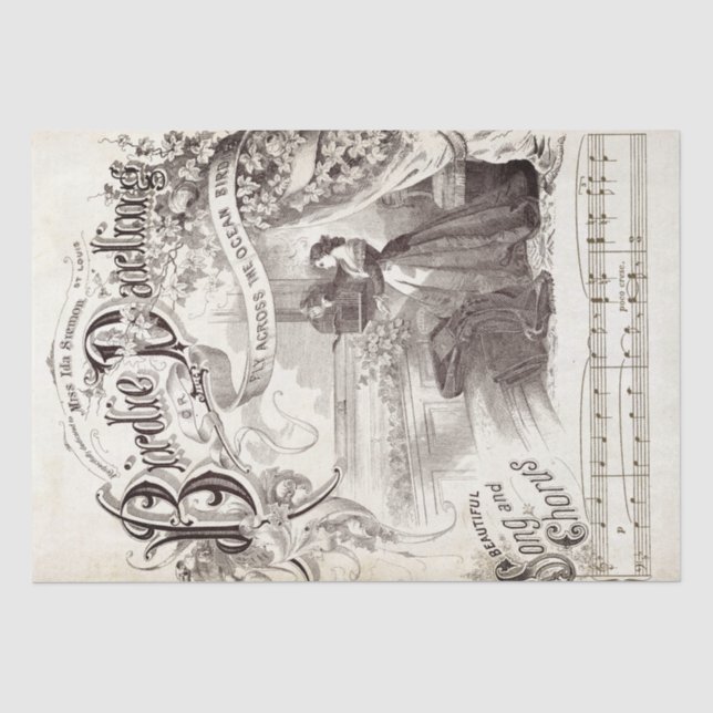 Verziertes Script Songbook Music Lady Bird Decoupa Seidenpapier (Vorderseite)