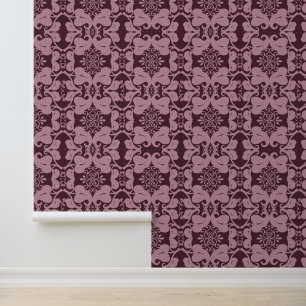 Verziertes Scroll-Leaf-Muster aus Burgund und Pink Tapete