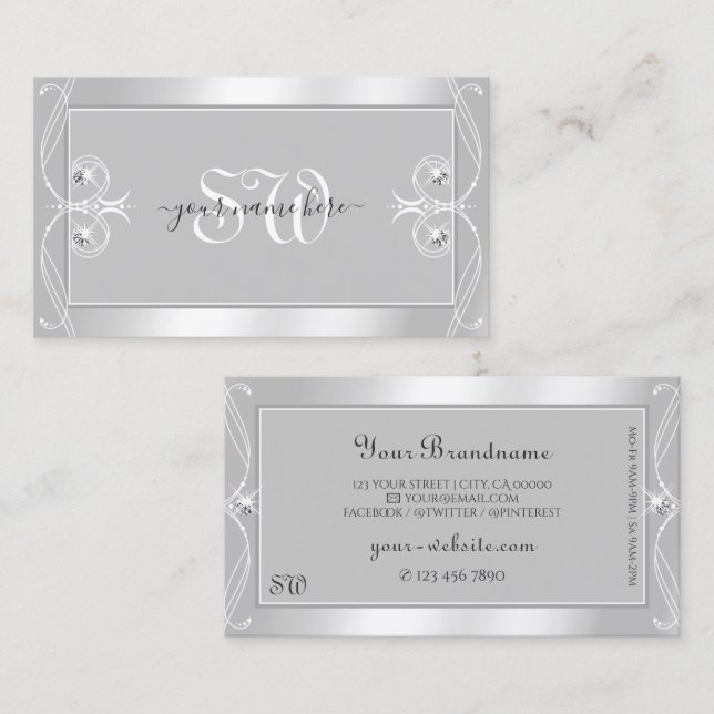 Verziertes Silver Light Gray Sparkle Jewels Monogr Visitenkarte (Vorne/Hinten)