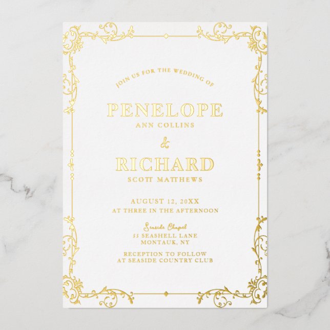 Verziertes Vintages Swirl Border Wedding Gold Folieneinladung (Vorderseite)