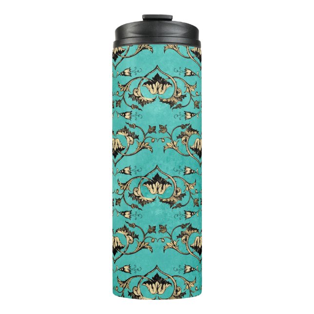 Verziertes Vintages Türkis und Goldpfau Thermosbecher (Vorderseite)